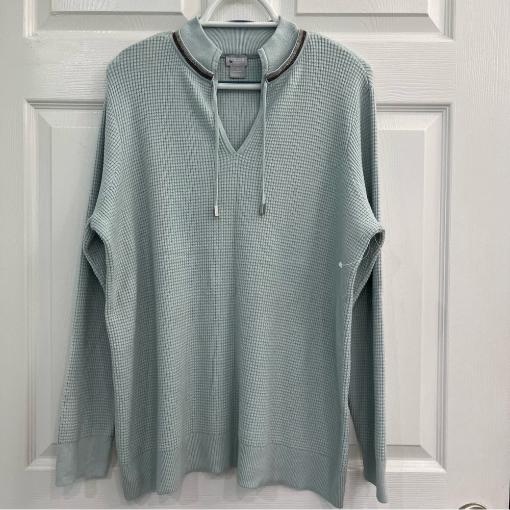 NWOT Chicos Green Blue Teal Collar V-Neck Waffle Knit Women's Shirt Blouse Top